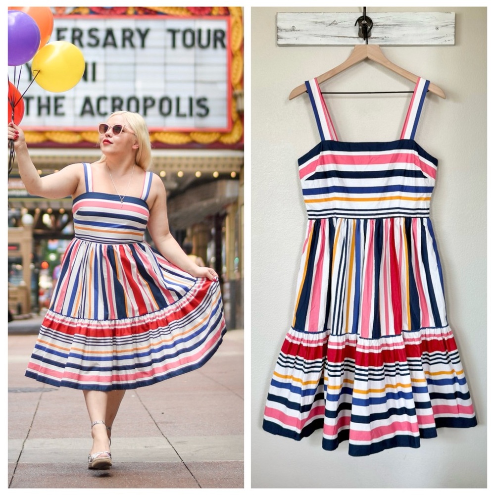 VINCE CAMUTO 8 Rainbow Mixed Stripe Tiered Midi Pocket Dress • Striped Sundress - Picture 12 of 15